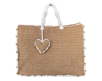 Crochet Raffia Tote Bag: Handmade Woven Summer Beach Shoulder Bag
