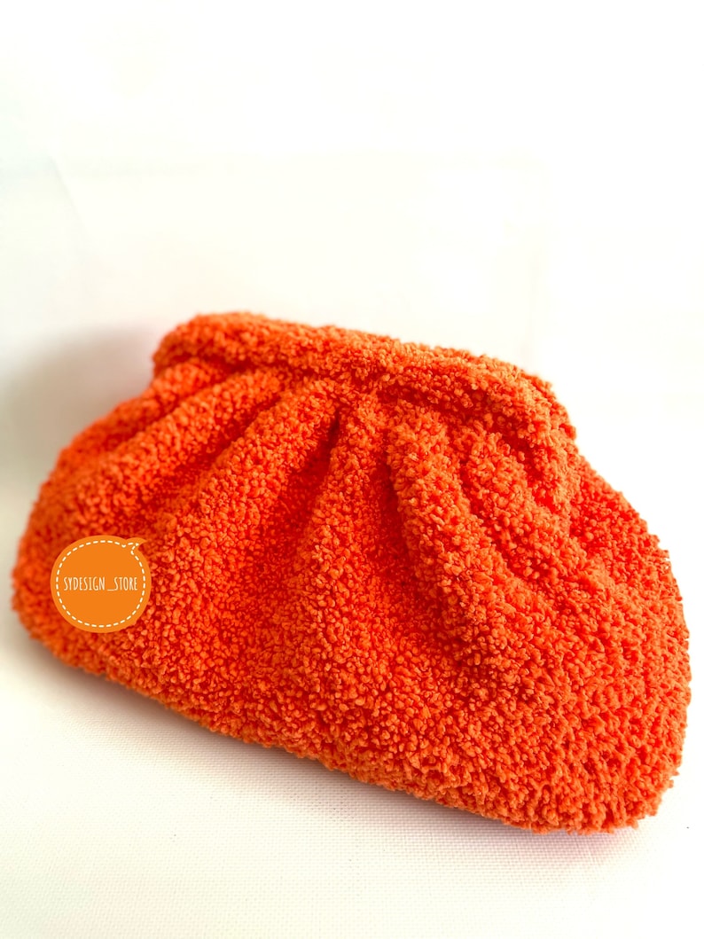 Orange Teddy Clutch Knitted Hand Bag Handmade Faux Fur Pouch Large Bag