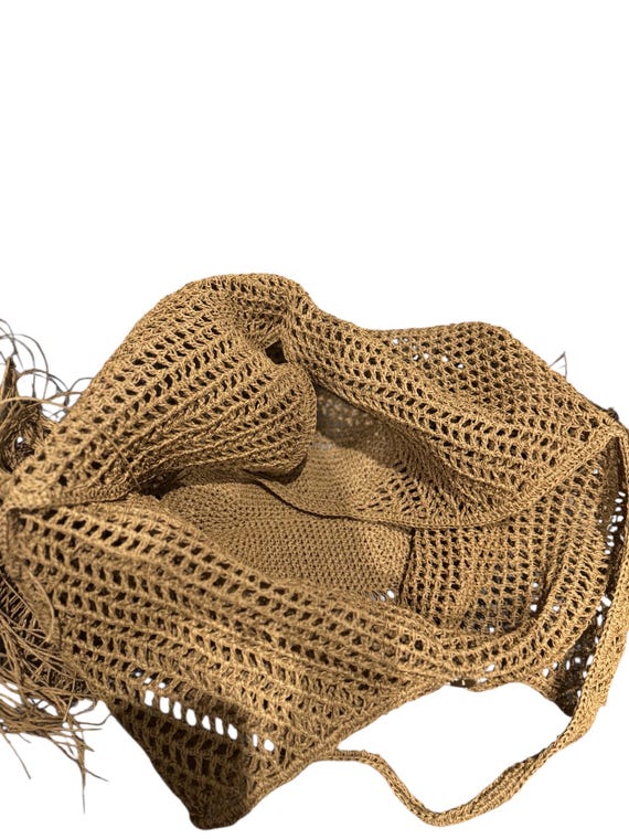 Crochet Raffia Tote Bag | Straw Fringed Beach Bag | Large Shoulder Bag | Boho Woven Bag