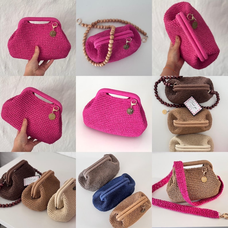 May include: A collection of handmade crochet handbags in various colors, including a vibrant fuchsia, brown, beige, and blue. The bags feature a structured design with a clasp closure, a top handle, and some include a wooden bead chain or a shoulder strap.
