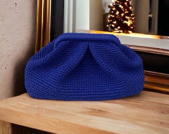 Saxe Blue Crochet Raffia Pouch Clutch Bag | Straw Beach Clutch | Natural Raffia Bag | Handmade Gift