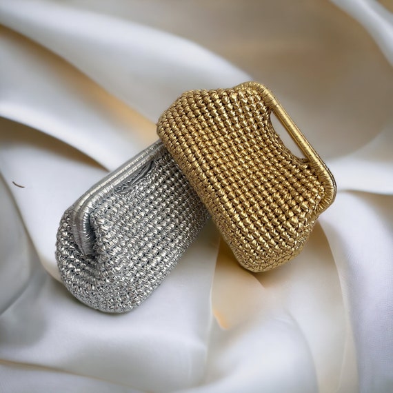 Silver Gold Woven Metallic Raffia Pouch Clutch Bag Wedding Clutch Evening Vegan Leather Etsy