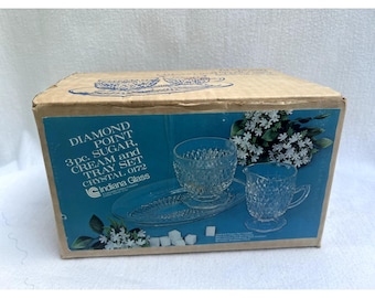 Vintage Indiana Glass Diamond Point 3 pc Sugar & Cream Tray Set w/ Original Box