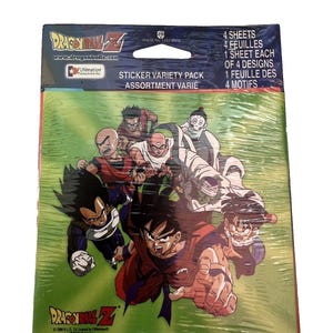 May include: A Dragon Ball Z sticker variety pack in plastic packaging containing 4 sheets with 4 designs. The front features colorful illustrations of Goku, Vegeta, Piccolo, Krillin, and other characters against a green background with the logo.