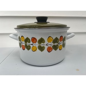 May include: White enamel cooking pot with a green lid and black handle. The pot features a decorative band of green leaves, yellow and orange fruit. The pot has two white handles on either side.