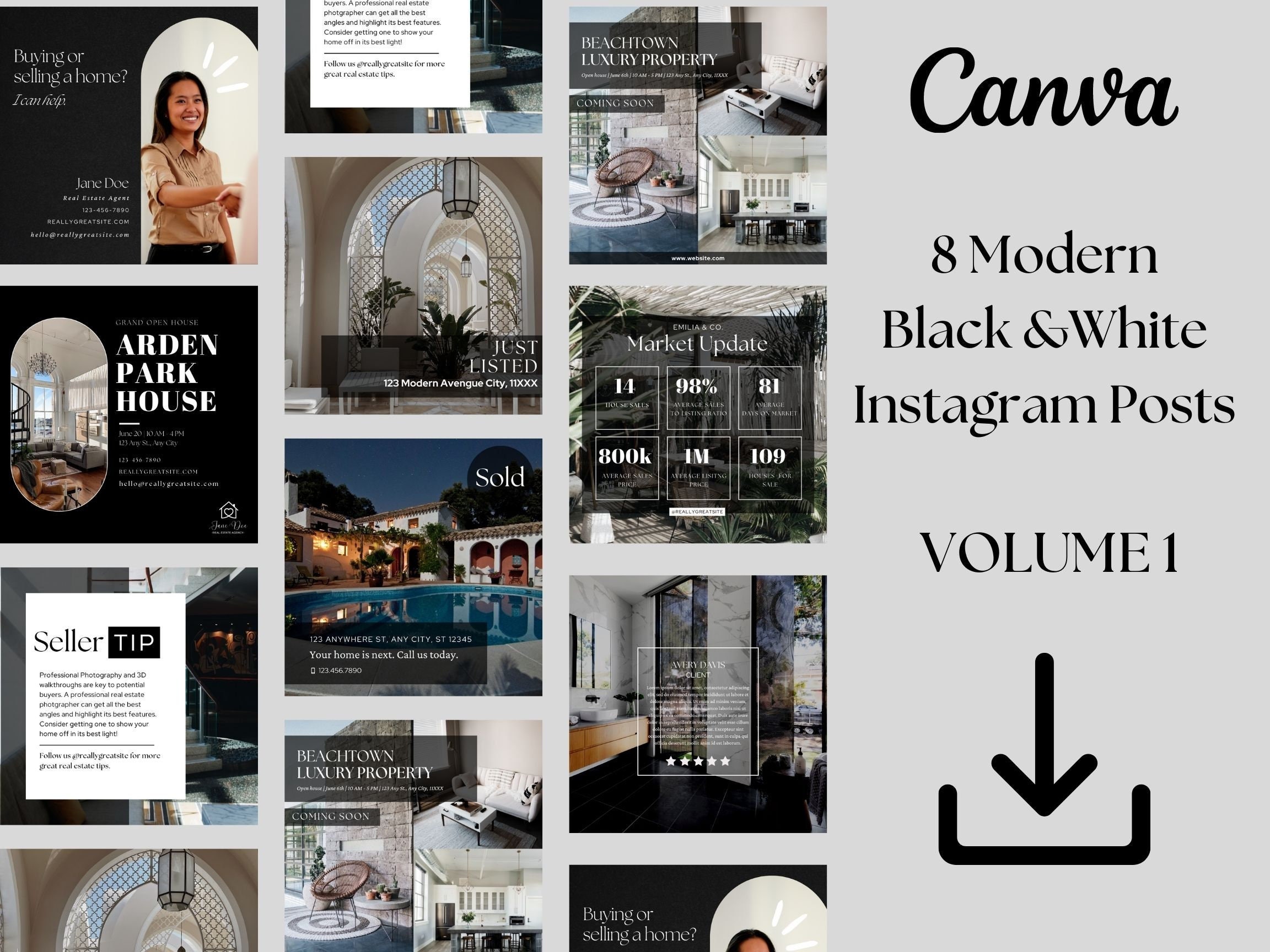 Modern Black and White Instagram Templates, Social Media Posts, Realtor ...