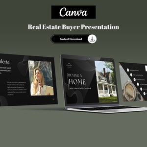 May include: A laptop computer screen displaying a real estate presentation with the title "Buying a Home" and a photo of a house. The presentation is by Valeria Smith, Realtor. The presentation also includes an agenda with bullet points.