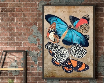 Antique Butterfly Digital Wall Print, Vintage Newspaper Butterfly Digital Wall Print, Colorful Butterflies Printable Art