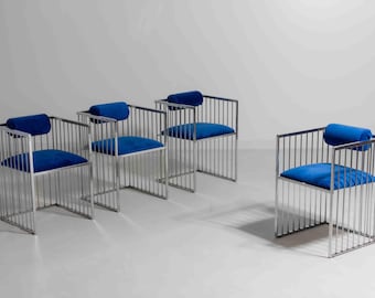 Set of four Italian modernist chrome chairs with royal blue velvet, 1970s