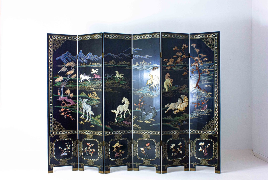 Black Oriental Room Divider With Marble Stone Details Etsy