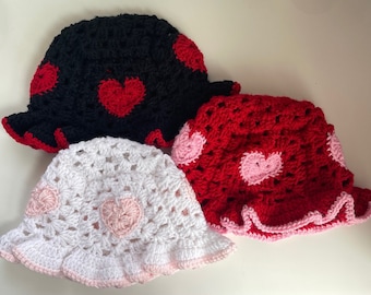 Crochet Heart Granny Square Bucket Hat 