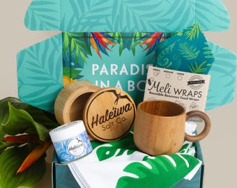 Caja de regalo de inauguración de la casa hawaiana: taza de madera, sal marina, papel de cera de abejas y juego de toallas