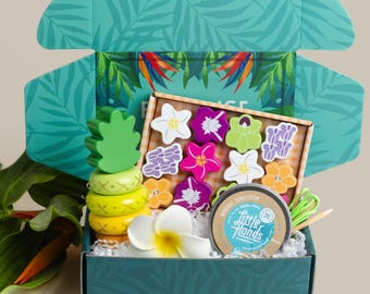 Caja de regalo Hawai‘i Keiki: juguete para hacer lei, apilador de piñas y protector solar seguro para los arrecifes