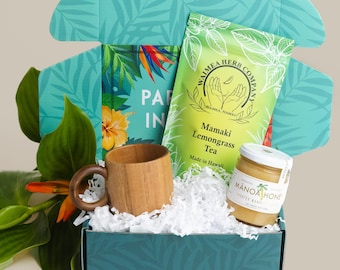 Caja de regalo de té hawaiano: té de hierba de limón Mamaki, miel Kiawe y taza de madera