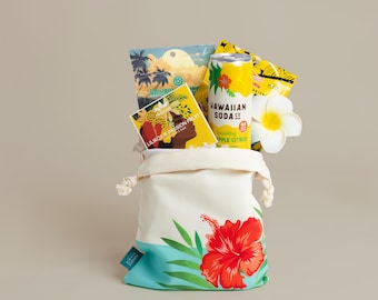 Bolsa de bocadillos Sunshine Aloha: refresco de piña, chocolate Lilikoi, galletas y gomitas de macarrones