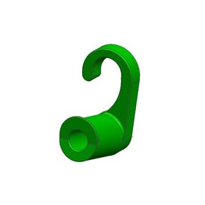 May include: A bright green, curved hook with a cylindrical base and a rounded, open end. The hook is designed with a smooth, solid appearance, suitable for hanging items. The design is simple and functional, with a focus on its curved shape.