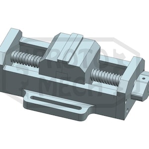May include: A grey metal bench vice, used for holding workpieces in place. It has a screw mechanism for clamping, with a handle for tightening. The base has slots for mounting. The design is industrial and functional. The dimensions are in centimetres.