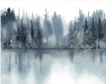 Print Wall Art Painting of Spruce Tree, Dark Blue TV Room Decor, Unique Hand Painted Fine Art Giclee Watercolor, Nature Landscape Lake Print