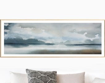 Print Art, Skinny Horizontal Unframed Landscape Watercolor, Large Wide Narrow Wall Hanging, Panoramic Over Sofa Decor, Living Room Artwork
