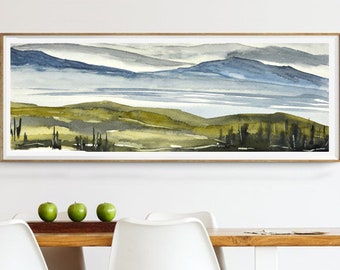 Long Thin Horizontal Artwork, Large Narrow Over Bed Giclee Art Print, Mountain Watercolor Painting Landscape, Modern Look Living Room Decor