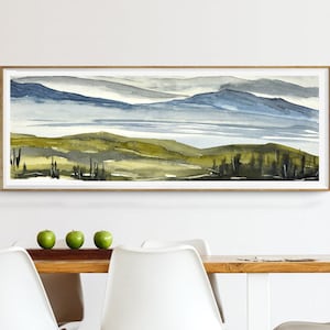 Long Thin Horizontal Artwork, Large Narrow Over Bed Giclee Art Print, Mountain Watercolor Painting Landscape, Modern Look Living Room Decor