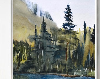 Forest Painting Print, Watercolor Print, Woodland Watercolor Painting, Lake Louise Art, Small Wall Art Landscape, Green Wall Art, Lake Print