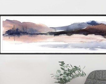 Over Sofa 12x36, 20x60", Large Horizontal Giclee Print Art, Brown Grey Black Watercolor Painting, Landscape, Modern Look Living Room Decor