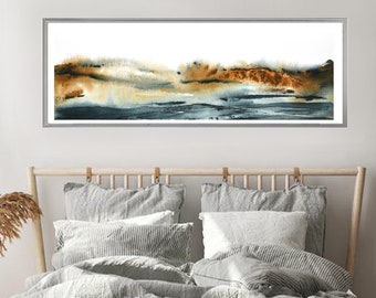 Long Narrow Wall Art Horizontal, Extra Large Abstract Decor, Modern Print Over the Bed Watercolor, 12x36, 20x60&quot; Fine Art Landscape