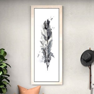 Black and White Narrow Wall Art, Vertical Hallway Decor, Small Space, Thin Artwork, Long Large Print, Feather Watercolor, Modern Living Room