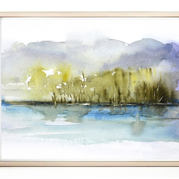 16x20, 18x24, 20x30, 24x32+ Landscape Wall Art, Large Abstract Watercolor Print, Green Blue Yellow Print Art, Landscape Whimsical Painting