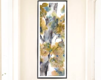 Narrow Thin Vertical Artwork, Long Large Giclee Art Print, Hallway Decor, Tree Watercolor  Landscape, Modern Look Living Room, Oversize