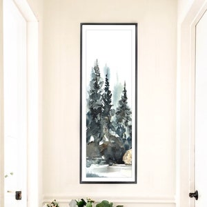Large Hallway Decor, Tall Thin Painting, Narrow Artwork, Long Vertical Print Art, Mountain Mist Watercolor Landscape,Loose Style Effect,Tree