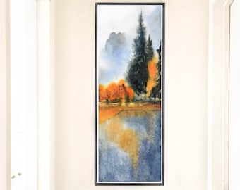 Tall Thin Painting, Narrow Artwork, Long Vertical Print Art, Large Hallway Decor, Mountain Mist Watercolor Landscape,Loose Style Effect,Tree