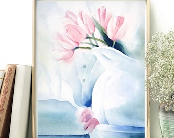 Meaningful Painting for Special Occasion, Pink Tulips in a Vase, Floral Still Life Watercolor Print, Cascading Spring Flowers Wall Art