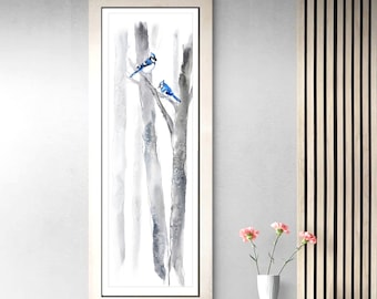 Narrow Wall Art for Hallway Decor, Thin Vertical Artwork, Long Large Giclee Print, Black and White Tree Watercolor, Modern Look Living Room