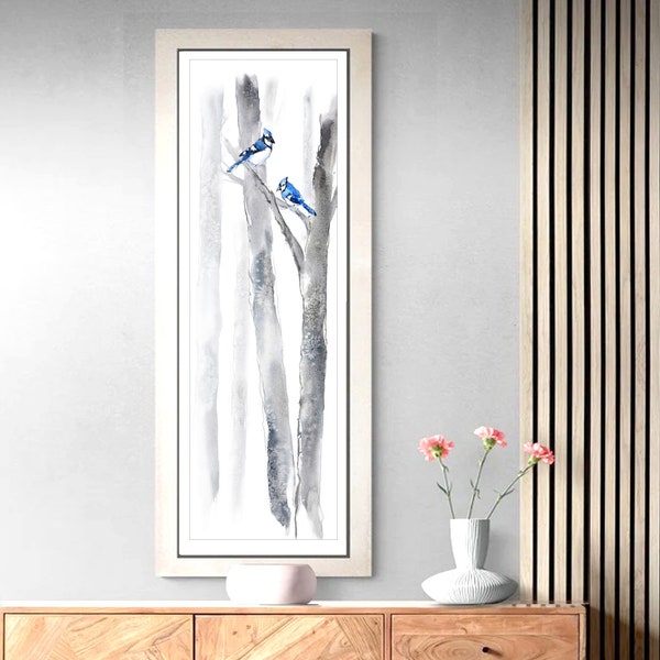 Art mural étroit pour la décoration du couloir, œuvre d’art verticale fine, longue et grande impression giclée, aquarelle d’arbre noir et blanc, salon au look moderne