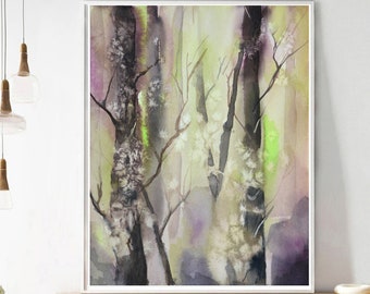 Colorful Artwork, Forest Art, Vibrant Decor Print, Watercolor + Oil Painting, Home Trend Wall Hanging, Bright Lime Green Accent, Multi Color