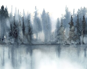 Nancy Nicole Art, Spruce Trees Painting Print, Dark Blue Wall Decor, Unique Hand Painted Fine Giclee, Nature Landscape, Lake Print, TV Room
