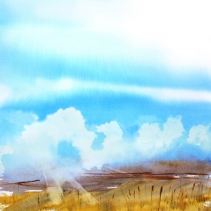 May include: Watercolor painting of a field of tall grass with a blue sky and white clouds in the background. The sun is shining through the clouds, creating a warm glow on the field.