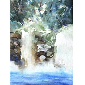 Outdoor Nature Artwork, Cascading Waterfalls, Rock Art Watercolor Illustration, Woodland Forest Scene, Mountain Creek, Abstract Wall Decor