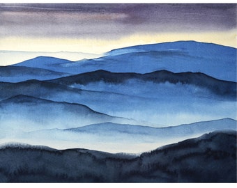 Sundown Art Watercolor Print, Sunset Landscape, Masculine Decor Giclee Picture, Blue Ridge Mountains, Night Painting, Dramatic Artwork