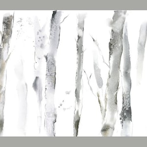 May include: A watercolor painting of a forest of birch trees. The trees are painted in shades of gray and white, with some hints of brown. The background is a soft white.