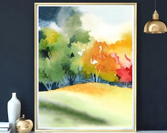 Vibrant Colors Artwork, Bright Wall Decor Print, Watercolor Painting, Fall Colors Landscape, Orange Yellow Colorful Ilustration, Autumn Art
