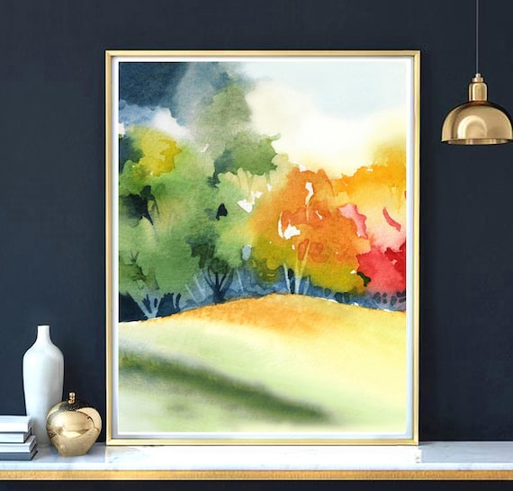 Vibrant Colors Artwork, Bright Wall Decor Print, Watercolor Painting, Fall Colors Landscape, Orange Yellow Colorful Ilustration, Autumn Art