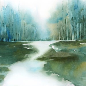 Teal Green Wall Art Aquarelle Print, Nature Fine Art Giclee Print, Peinture de paysage, Lake Wall Decor, Stream from the Mountains Painting