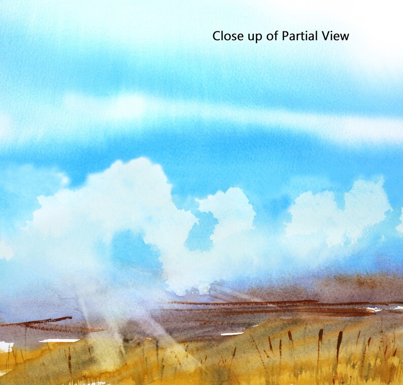 May include: A watercolor painting of a landscape with a blue sky and white clouds. The sun is shining through the clouds, casting rays of light on the ground. The ground is covered in brown grass and there are some tall, thin plants in the foreground.