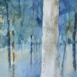 May include: A watercolor painting of a forest scene with a single tree trunk in the center. The tree trunk is painted in shades of gray and white, and has a heart carved into it with the initials "NK + GA". The rest of the painting is a blue and green watercolor wash, depicting a forest of trees.