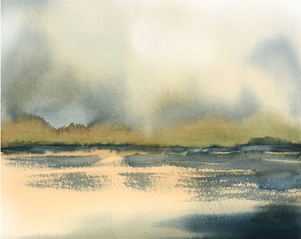 Sunset Art Landscape Print, SunRise Wall Art, Dusk Painting, Coastal Decor Wall Art, Ocean Artwork Watercolor Painting, Seascape Orange Teal