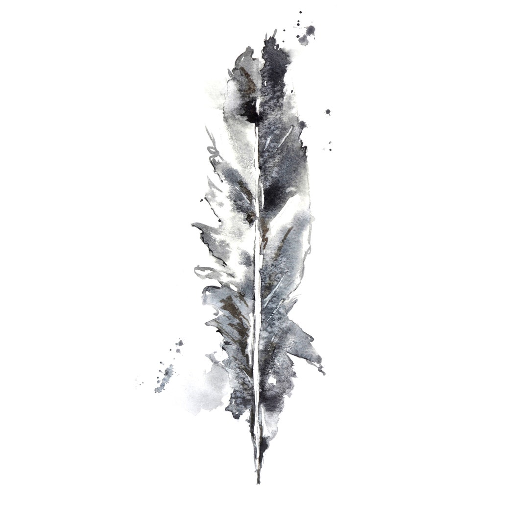 Black Abstract Art for Him, Feather Print, Black White Watercolor, Grey