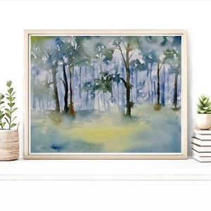 May include: A watercolor painting of a forest scene with tall, slender trees in shades of blue and green. The trees are silhouetted against a light blue sky, and the ground is covered in a soft, green grass.